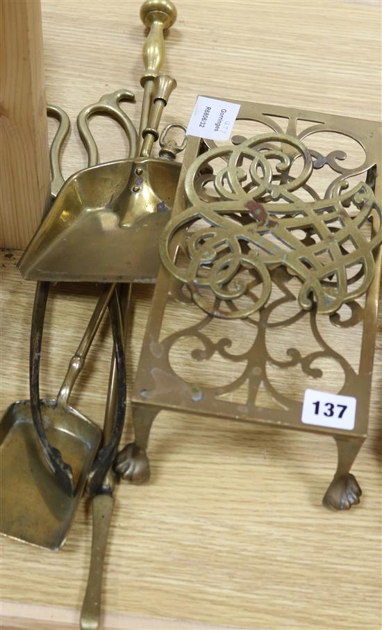 Two brass kettle stands and sundry fire brasses